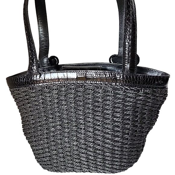 Brighton Twilight Straw Handbag Black Rhinestone Embellished Double Handles Tote - Picture 6 of 13